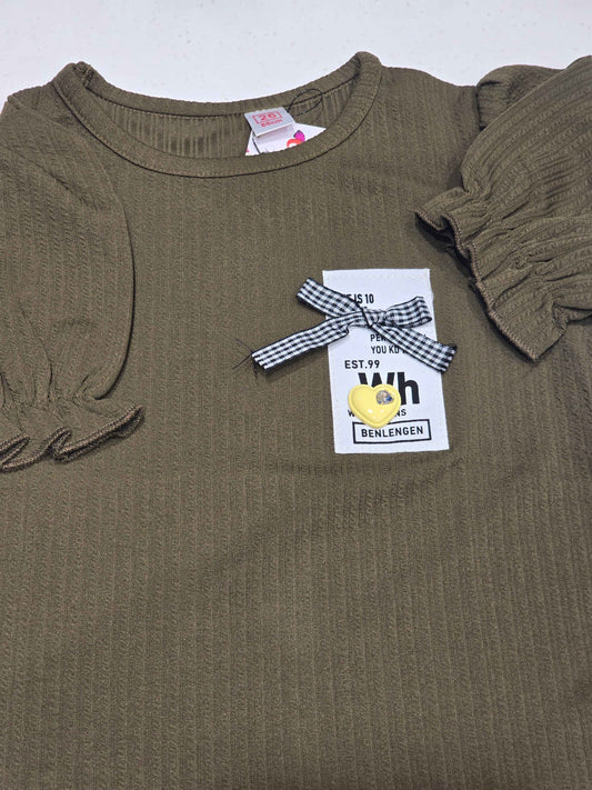 girl's ribbed puff-sleeve top/dress in an earthy brown shade