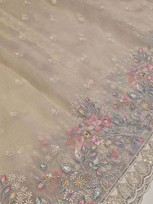 Crush Organza Saree with Multi-Colour Embroidery and Sequence Cut-Work Border | Party Wear