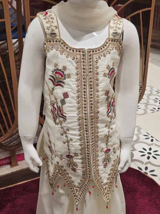 Girls White Crepe Silk Zari Embroidered Sharara Set