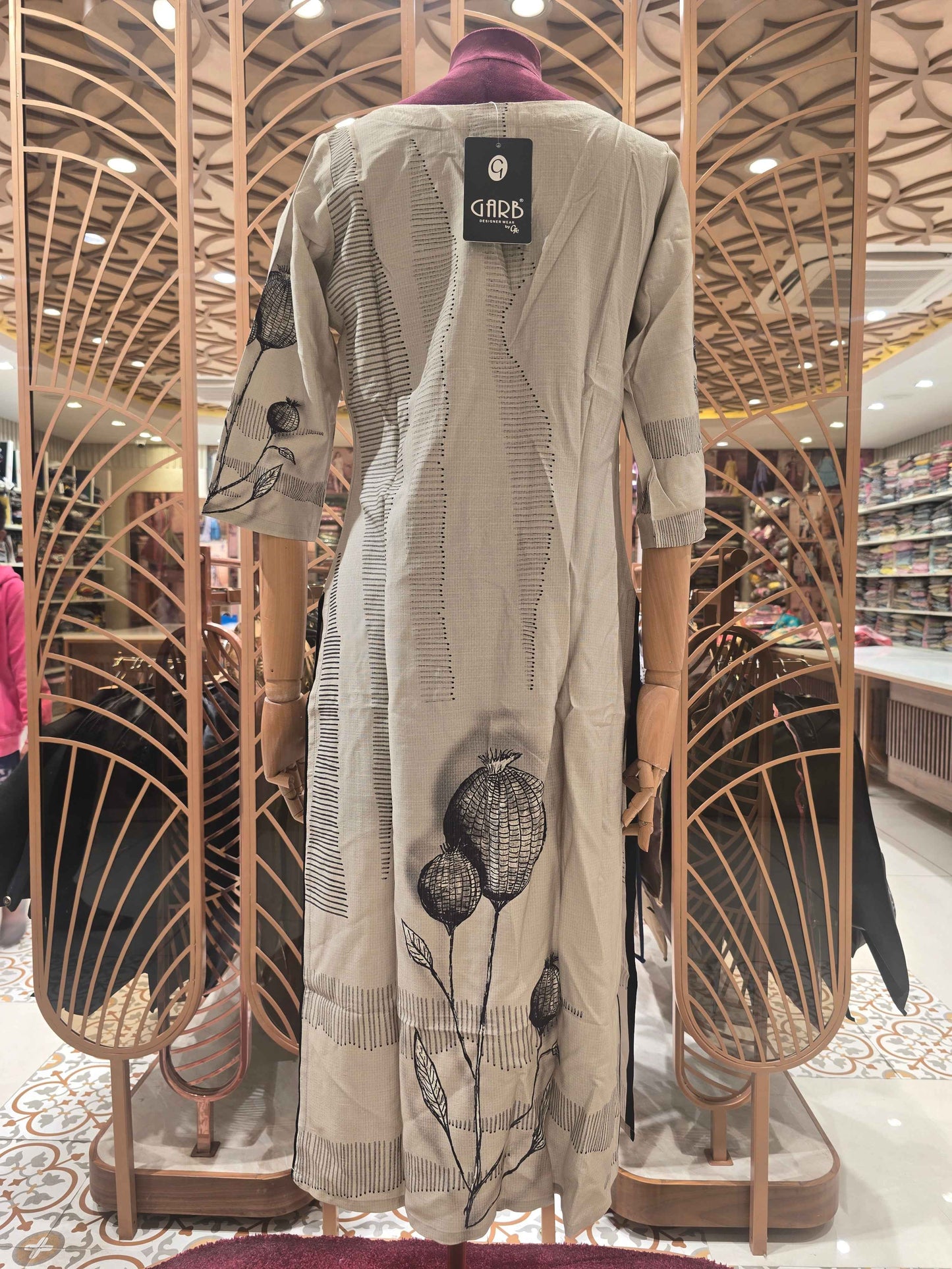 Lenin material beige color with balck prints kurti top with round neck