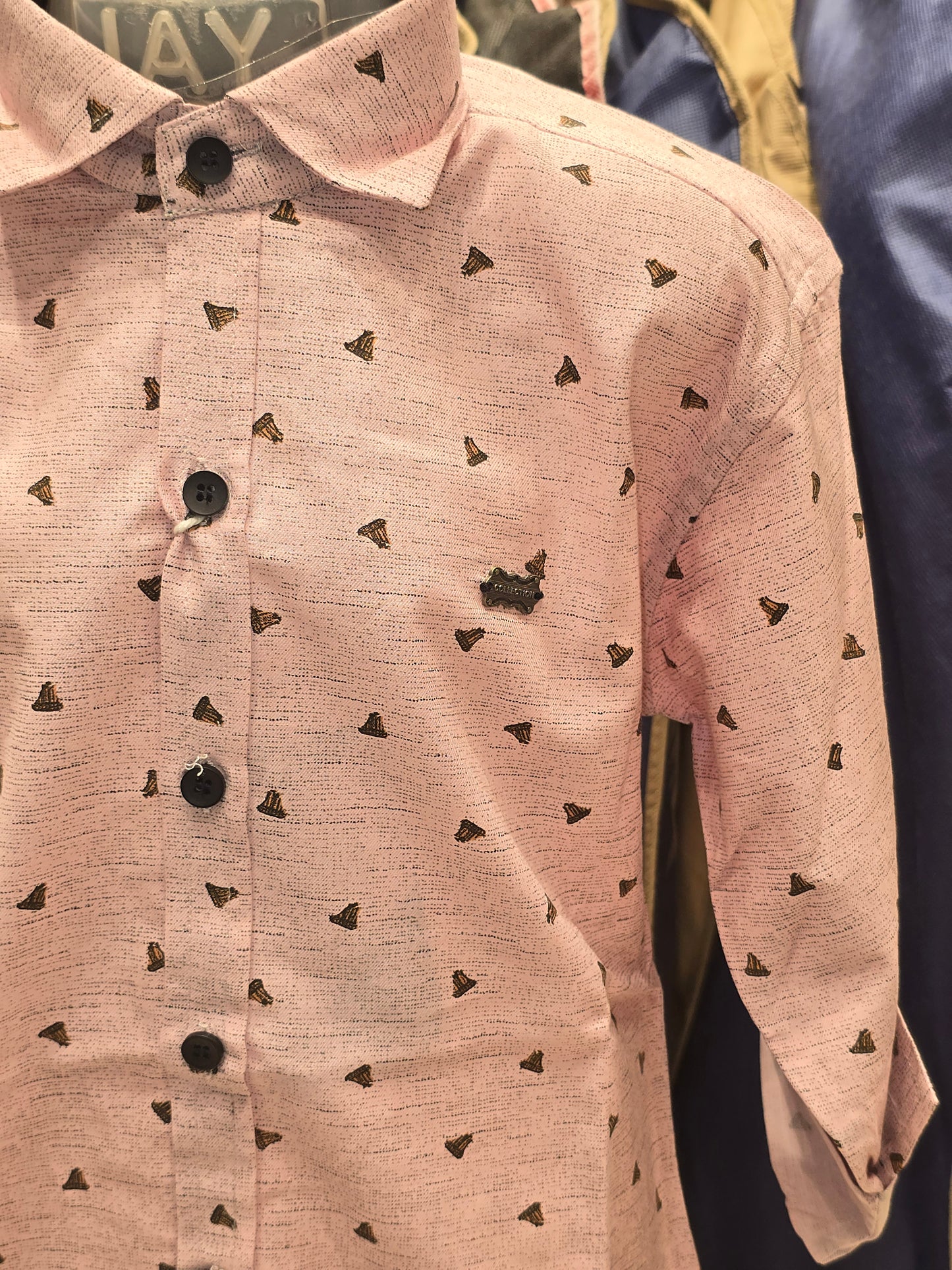 Boys Baby Pink Cotton Printed Shirt with Black Cuff Detail and Full Sleeves