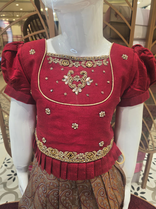 Maroon & Goldish Cream Banarasi Silk Ethnic Langa Blouse Set for Girls with Printed Skirt and Puff Sleeves