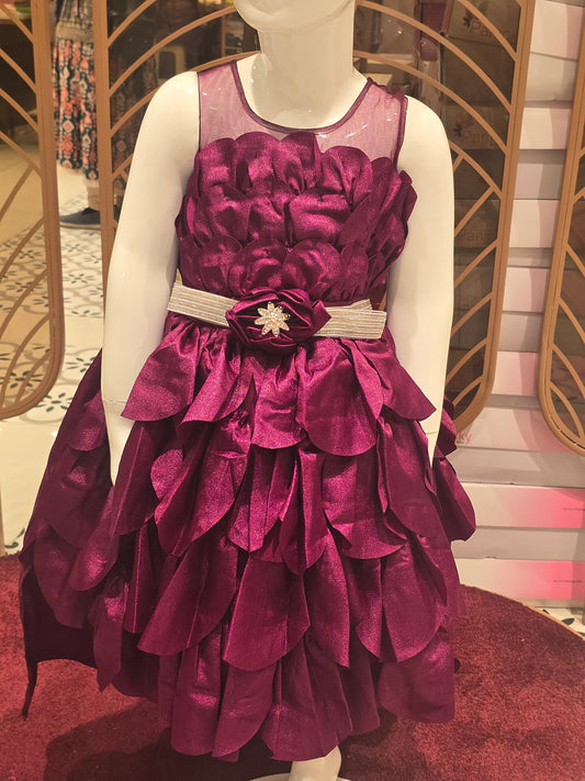 Girls Wine Color Shining Crepe Tail Cut Short Frock with Rose Top and Leafy Skirt Design