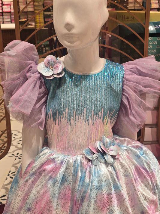 Shinning Satin material printed tale cut frock with dual colour sequence work over the top and buff Sleeves