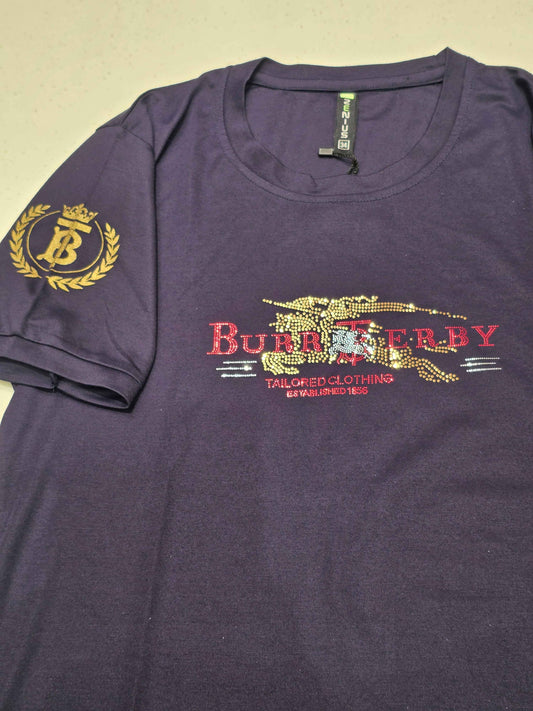 navy blue t-shirt featuring a stylized graphic inspired by the luxury brand Burberry.