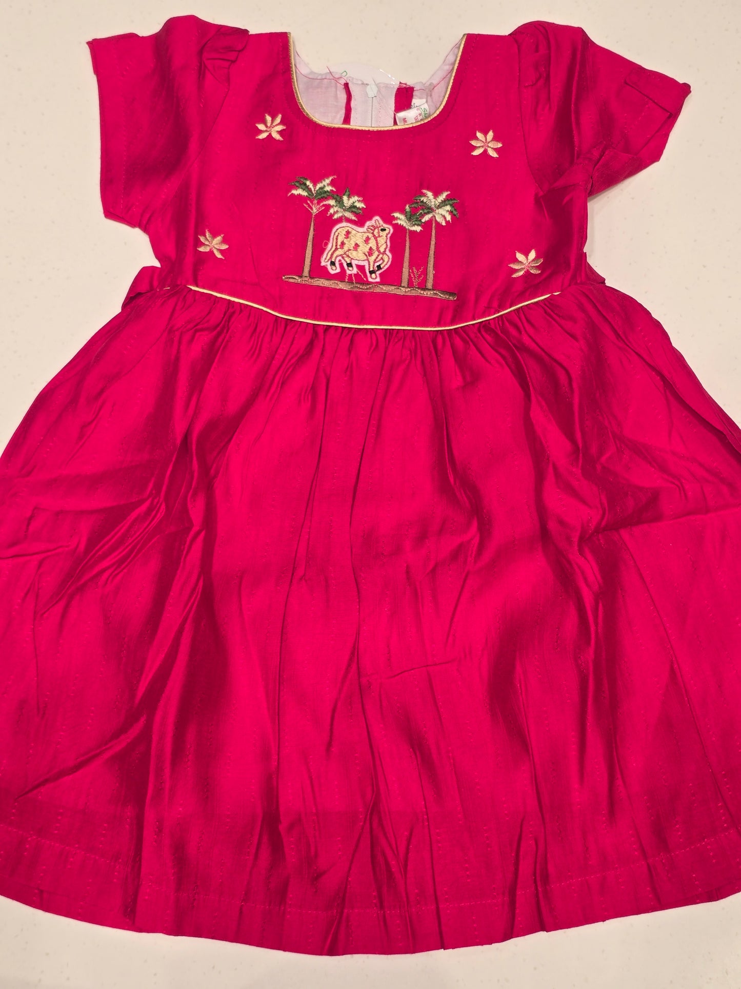 Cotton material cherry pink color baby-frock with thread embroidery