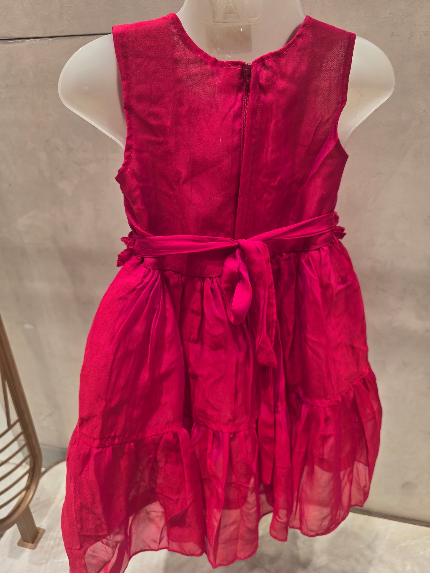 Pink Tissue Satin Short Frock with Rose Detailing (Sleeveless)