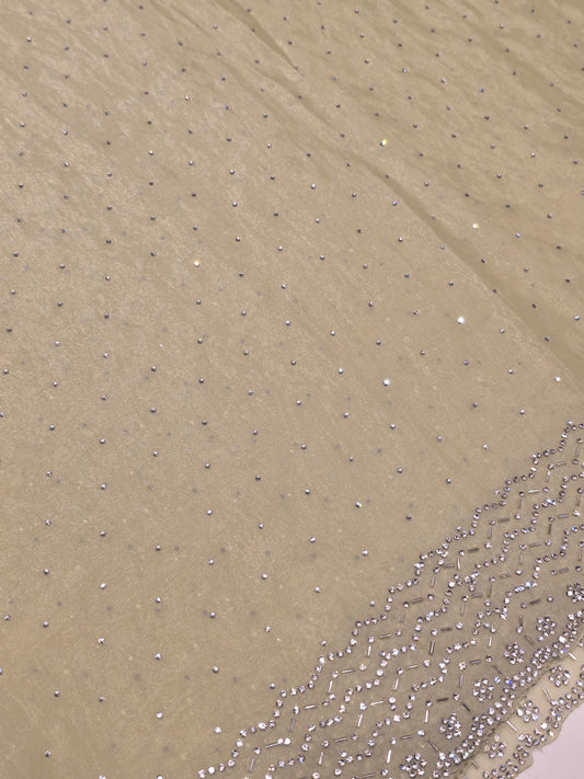 Glass Tissue Saree with Jarkan Stone Border & All-Over Stone Work – Party Wear Collection