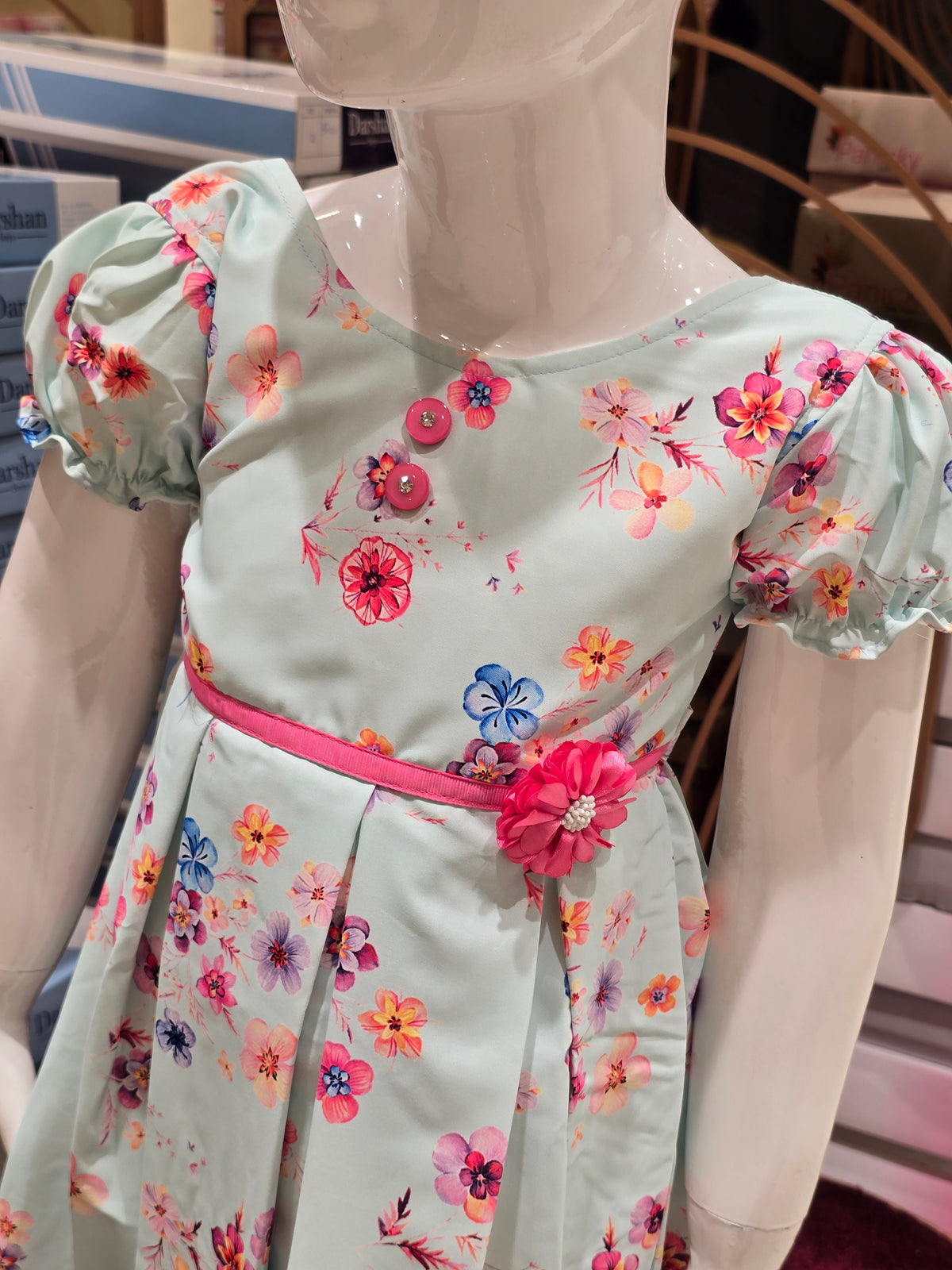 Pastel Green Floral Print Flare Frock for Girls