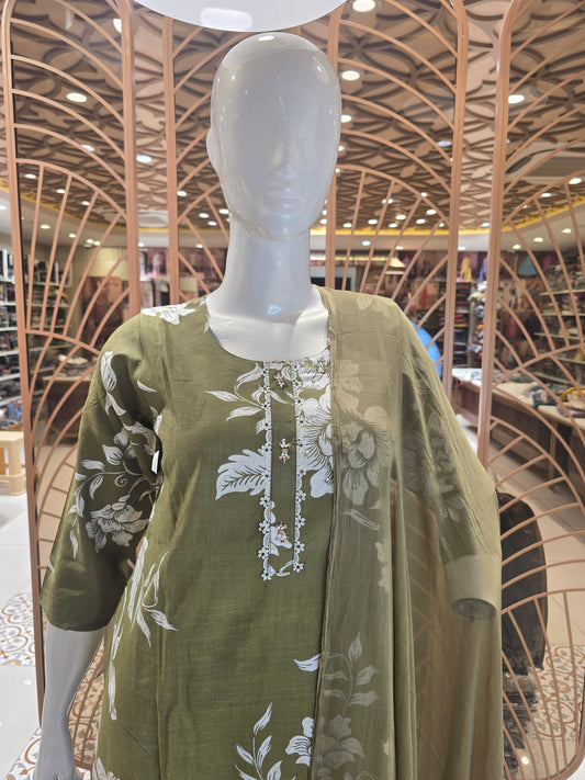 Mehandi Green Cotton Kurti Coat Set for Women with White Floral Print and Palazzo Bottom
