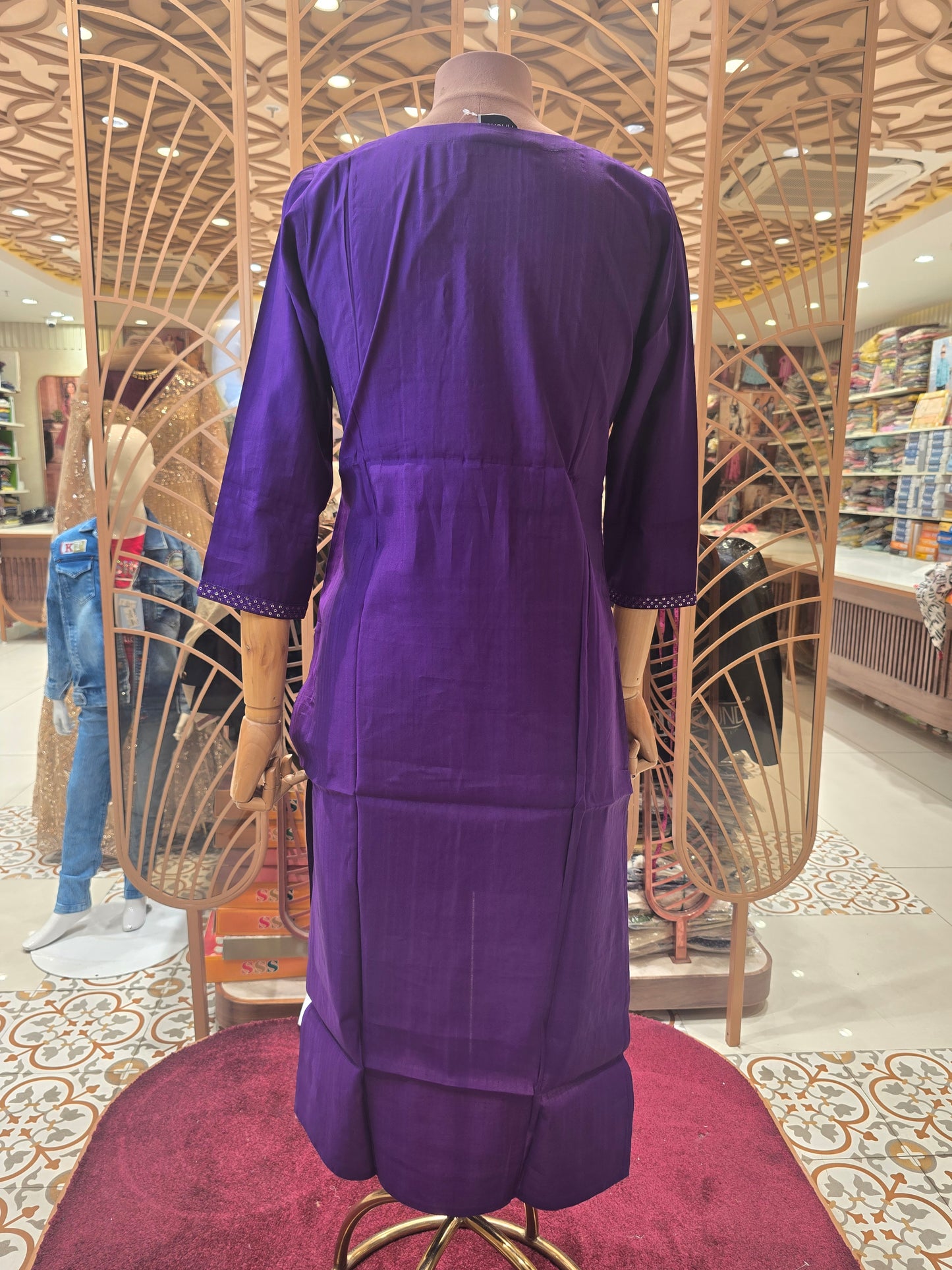 Women’s Silk Mix Straight Kurta in Purple with Sequins Work, Round Neck and ¾th Sleeves for Daily and Casual Wear