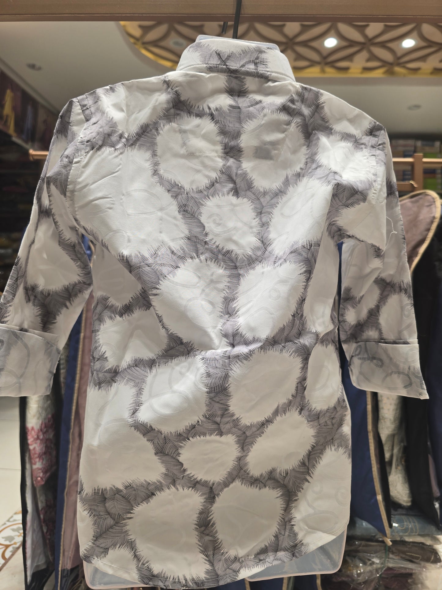 White Cotton Shirt for Boys with Grey Printed Design, Full Sleeves and Classic Collared Neck
