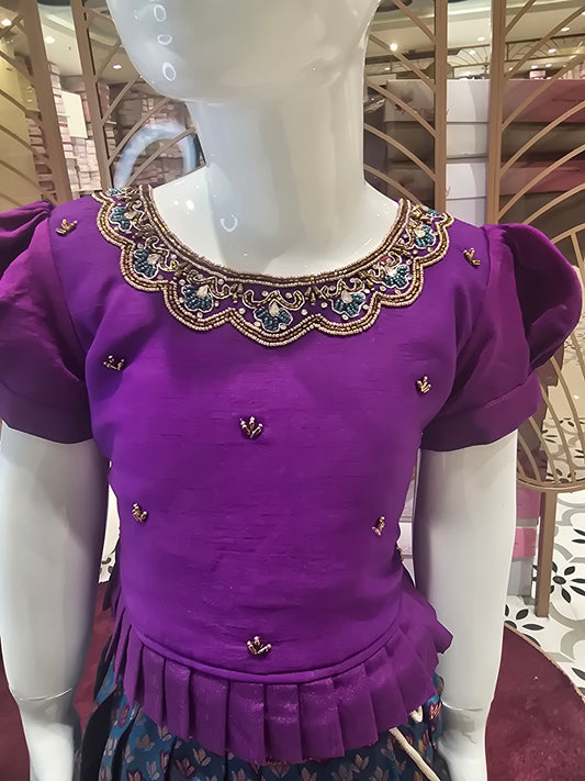 Purple & Rama Green Banarasi Silk Ethnic Langa Blouse Set for Girls with Printed Skirt and Puff Sleeves