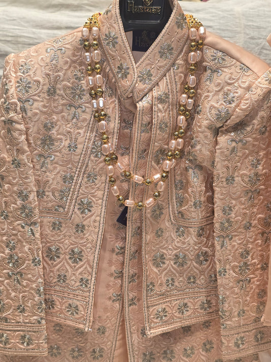 Boys Peach Dupion Silk Indo-Western Set with Silver Thread Work and Micro Sequins
