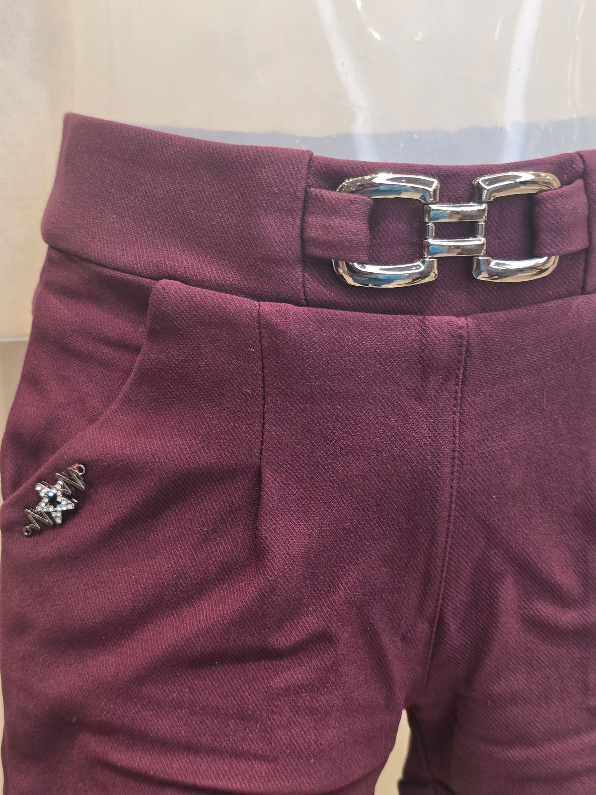 Wine Colored Lycra Cotton Baby Shorts for Girls with Stretchable Fit, Two Pockets and Stylish Belt Logo