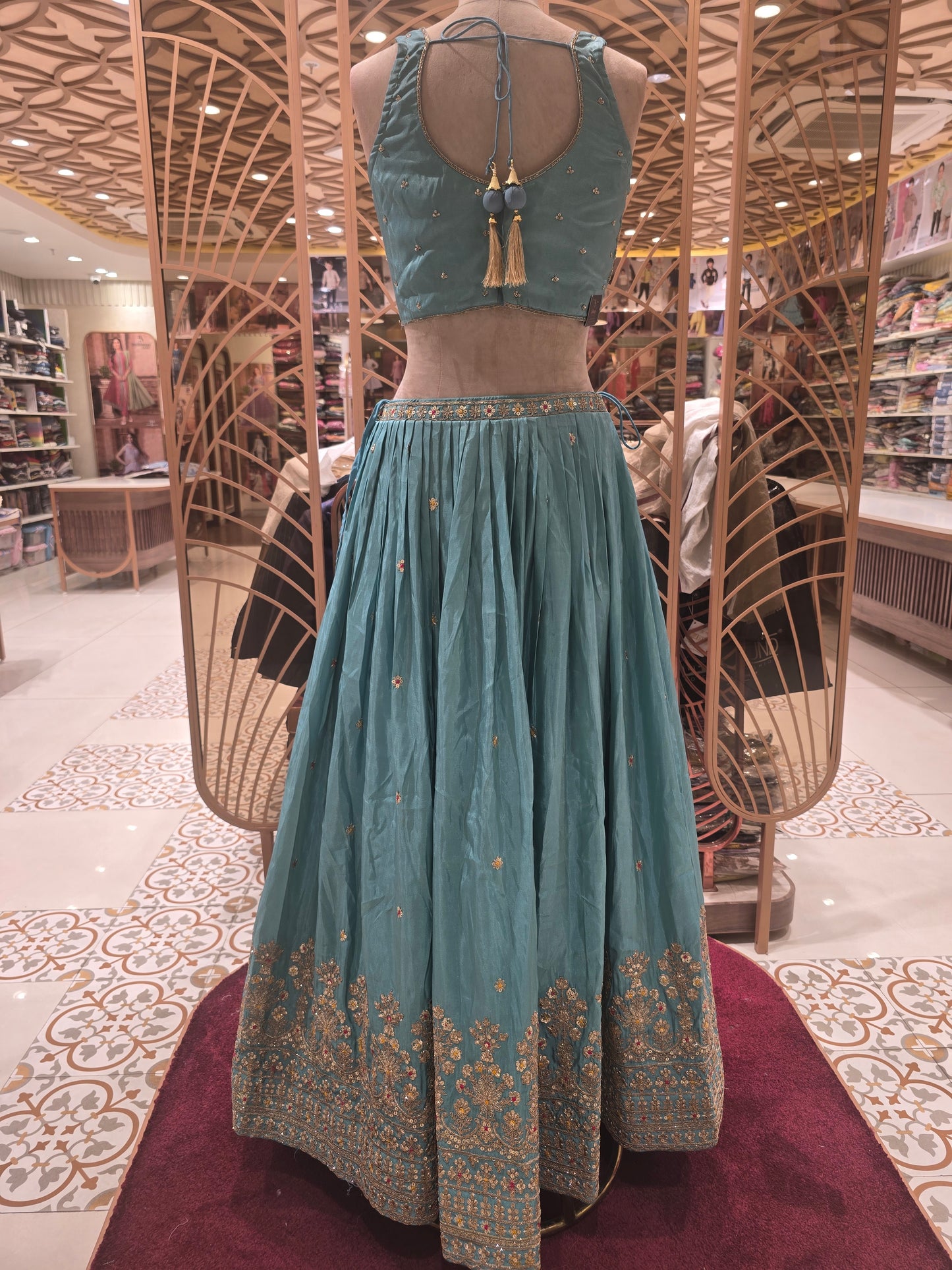 Sky Blue Tissue Lehenga with Stone & Zari Embroidery Work | Sleeveless Blouse & Shining Tissue Dupatta