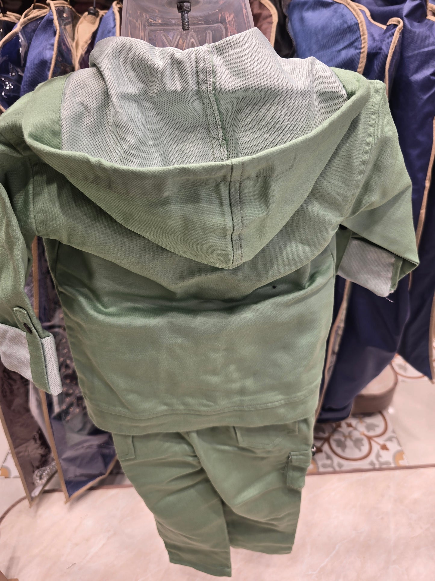 Boys Lycra Cotton 3 Piece Summer Wear Set in Cream with Full Sleeve Coat, Printed Inner T-Shirt and Black Cargo Pant for Casual Outings