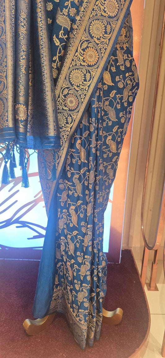 Banarasi material peacock blue color saree with jawl design and rich pallu