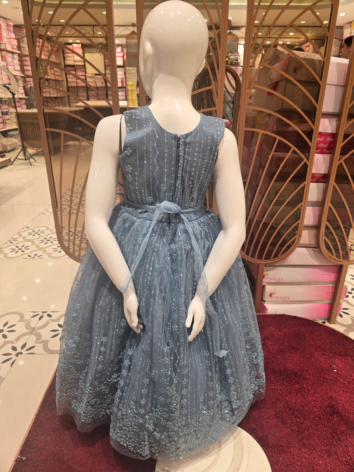 Light Blue Netted Glitter Party Gown with Detachable Bow, Half-Sleeve Look – Stylish Party Wear for Girls (Age 5, Size 24)