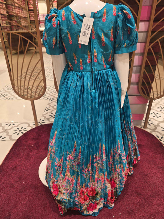 Girl Dark Aqua Blue Sequined Crepe Traditional Gown