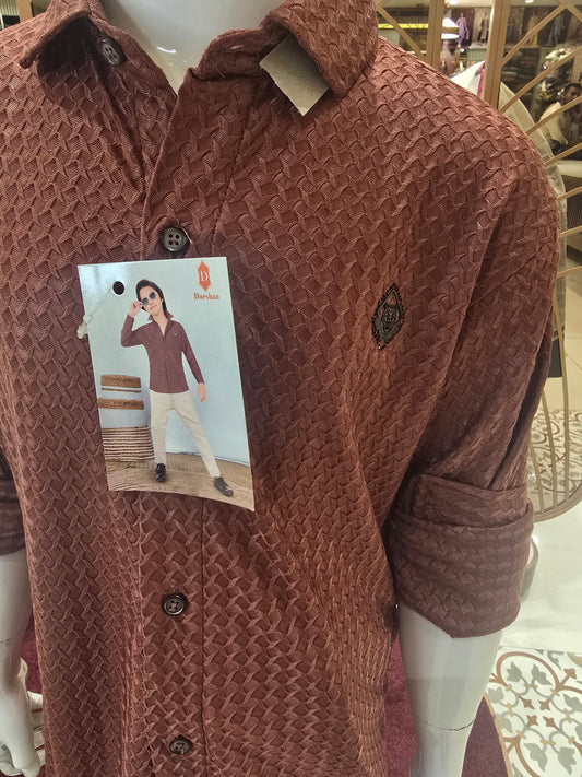 Boys Net Fabric Fancy Shirt and Pant Set in Rust and Cream with Foldable Full Sleeves, Tiger Logo Detail for Casual and Party Wear