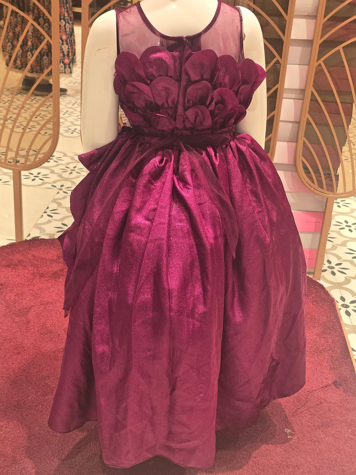 Girls Wine Color Shining Crepe Tail Cut Short Frock with Rose Top and Leafy Skirt Design