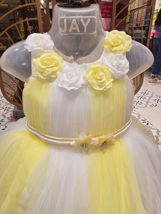 Girl Dual Colour Knitted Rose Design Party Gown