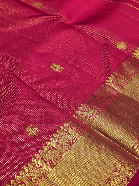 Pure Kanchee Handloom Silk Saree with Micro Horizontal Pattern, Traditional Zari Border & Rich Bottle Green / Reddish Pink Blouse | Wedding & Festive Wear
