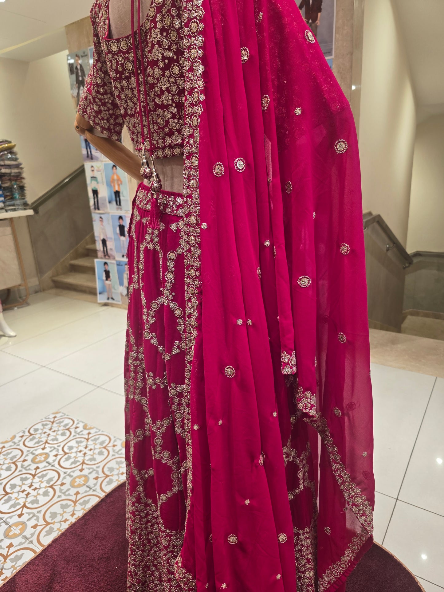 Bridal Georgette Lehenga – Pink Shade with Heavy Sequins Work, Round-Neck Blouse & Matching Dupatta