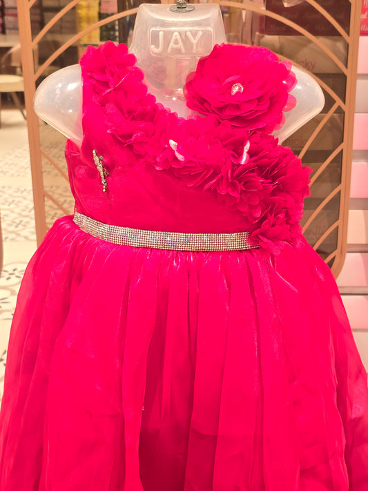 Girl Cherry Pink Chiffon Flower Cut Party Gown