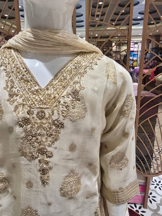 Girls Tissue Silk Sharara Set in White with Jhardhosi and Zari Butta Embroidery Border Work for Festive and Wedding Occasions