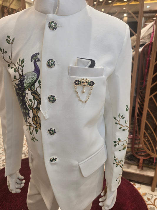 Pure White Satin Crepe Prince Suit with Peacock Rubber Prints, Brauch & Pocket Block Design (Kids Indo-Western)
