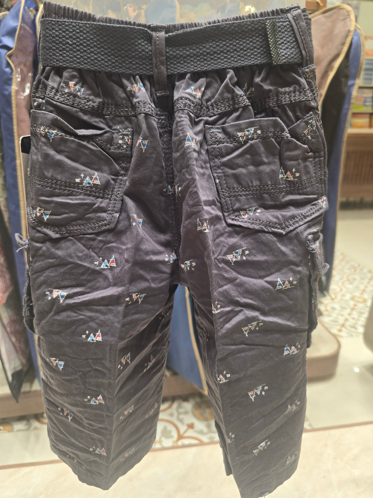 Grey Cotton Printed ¾ Length Shorts for Boys with Pocket Design and Stylish Belt for Summer Wear