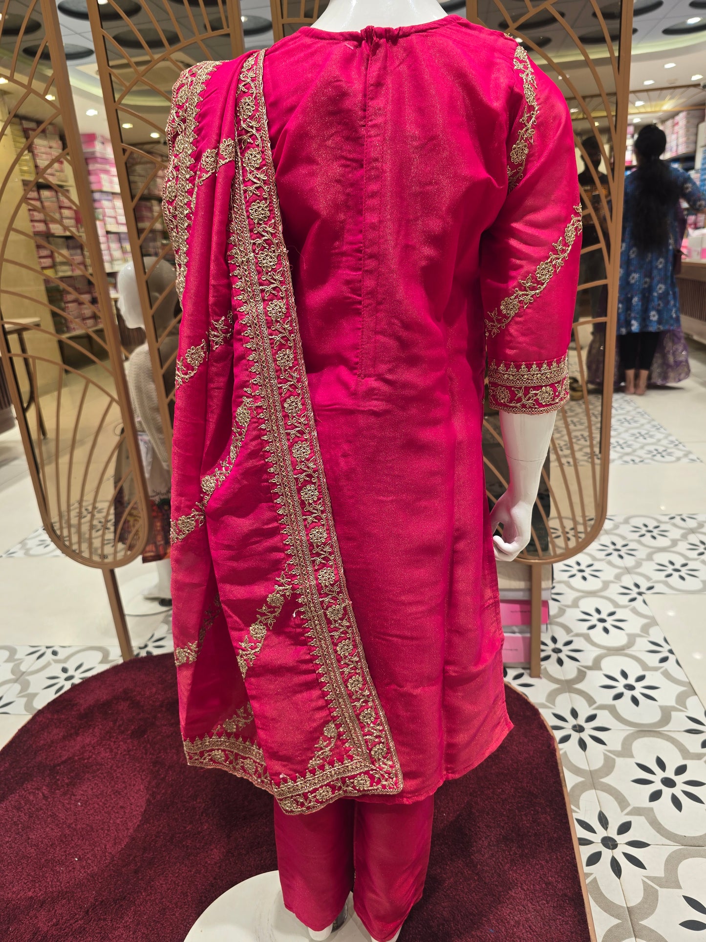 Girls Tissue Silk Ethnic Chudidar Set in Orangish Pink with All-Over Zari Embroidery and Straight Cut Bottom for Festive and Traditional Occasions