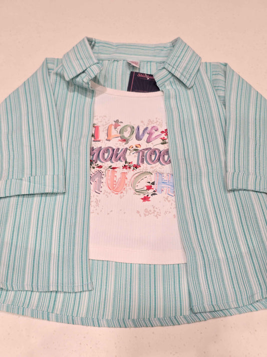 casual matching set featuring a green-and-white vertically striped button-down shirt layered over a white graphic t-shirt with text reading