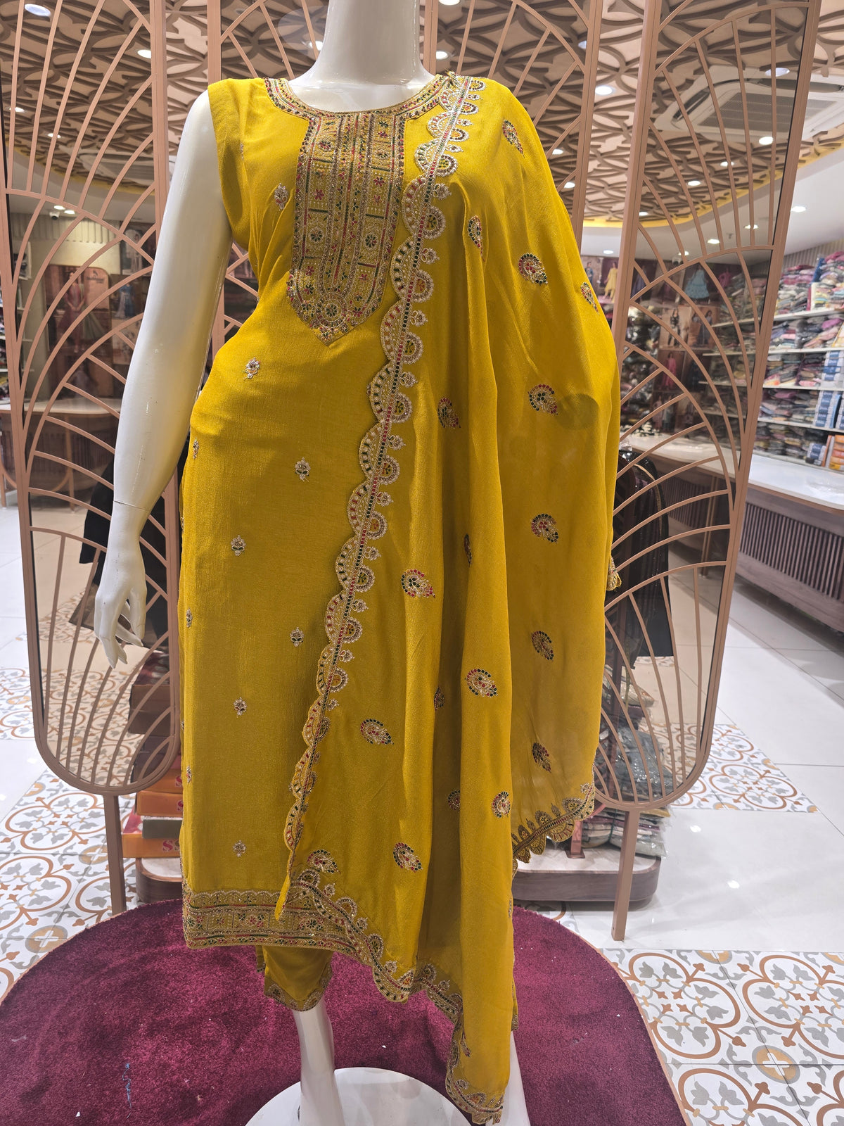 Mustard Shining Softsilk Party Wear Set for Women with Zari Embroidery, Thread Work & Cutwork Border Dupatta – Elegant Occasion Wear