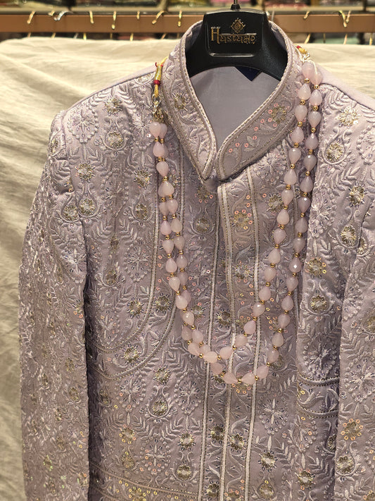 Boys Lavender Dupion Silk Indo-Western Set with Thread Embroidery and Micro Sequin Work