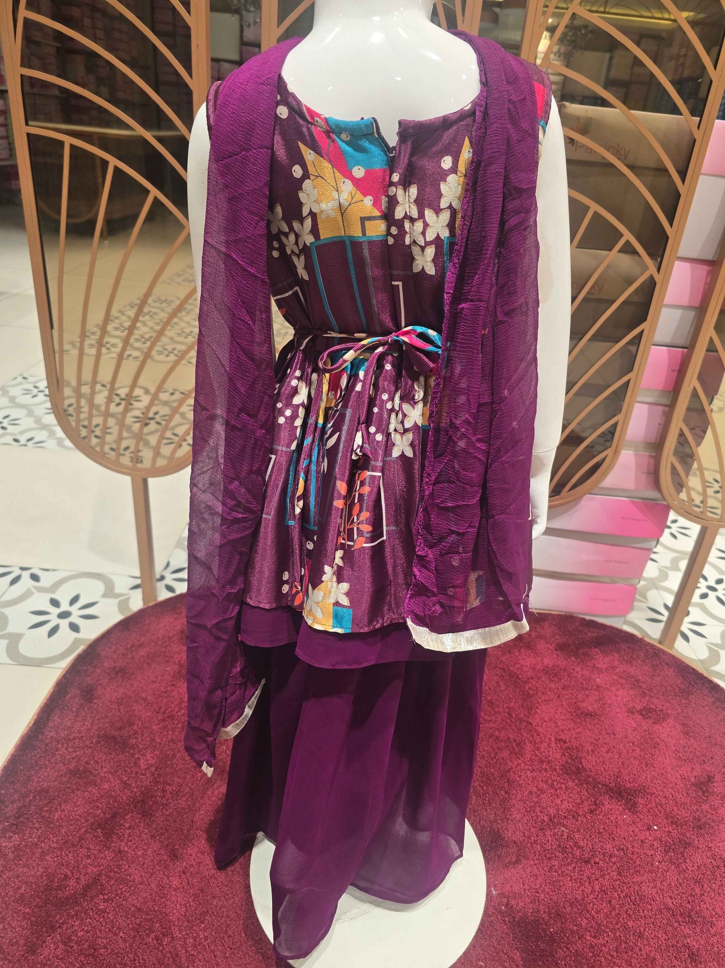 Printed crepe material sharara set with detachable belt