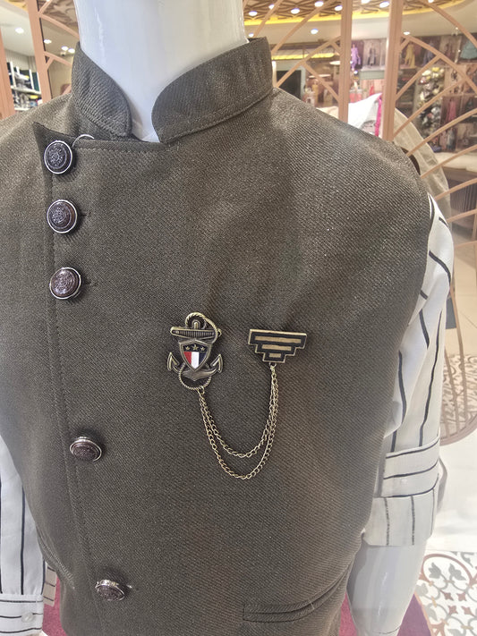 Boys Cotton and Jute 3 Piece Set with White Vertical Stripe Cotton Shirt, Shining Jute Coat with Brooch and Cream Cotton Pant for Summer Party Wear