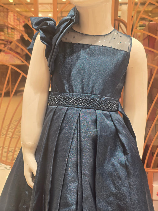 Girls Teal Blue Shimmer Tail Cut Short Frock with Rose Sleeve and Stone Waist Detail