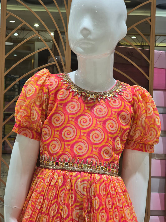 Girl Orange White Printed Chiffon Ethnic Gown