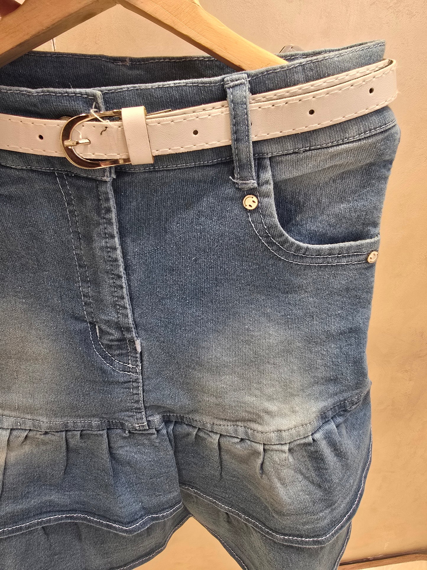 Girls Cotton Denim Mini Skirt in Regular Blue with Modern Belt Design and Two Pocket Styling for Summer Casual Wear