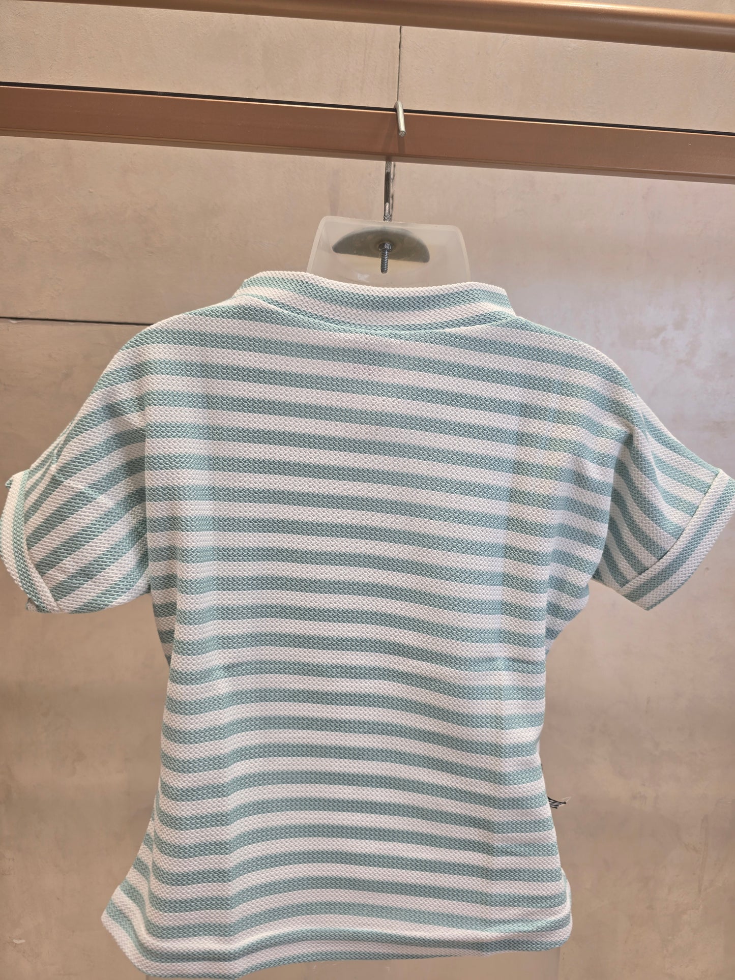 White Hosiery Western Top for Girls with Sky Blue Horizontal Stripes & Rubber Print – Casual Wear