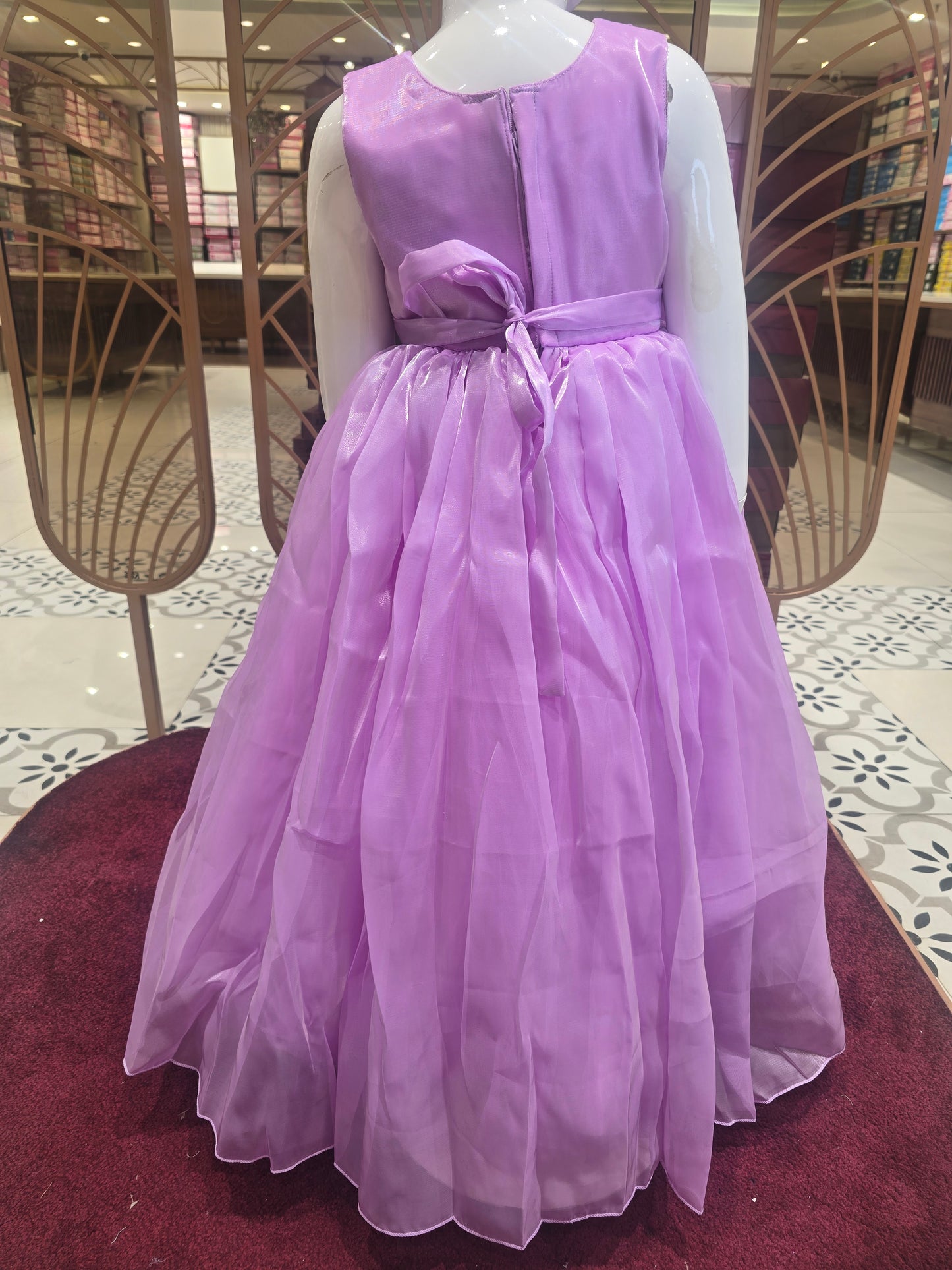 Light Purple Plain Organza Party Wear Gown for Girls with Floral Design and Detachable Bow Detail