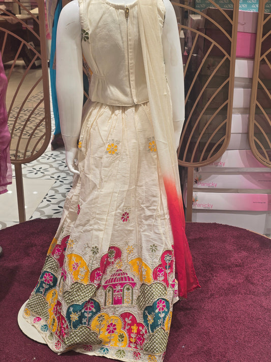 Cream Cotton Ethnic Wear Ghagra for Girls with Rich Dandiya Border Design, Embroidered Top and Dual Colored Dupatta