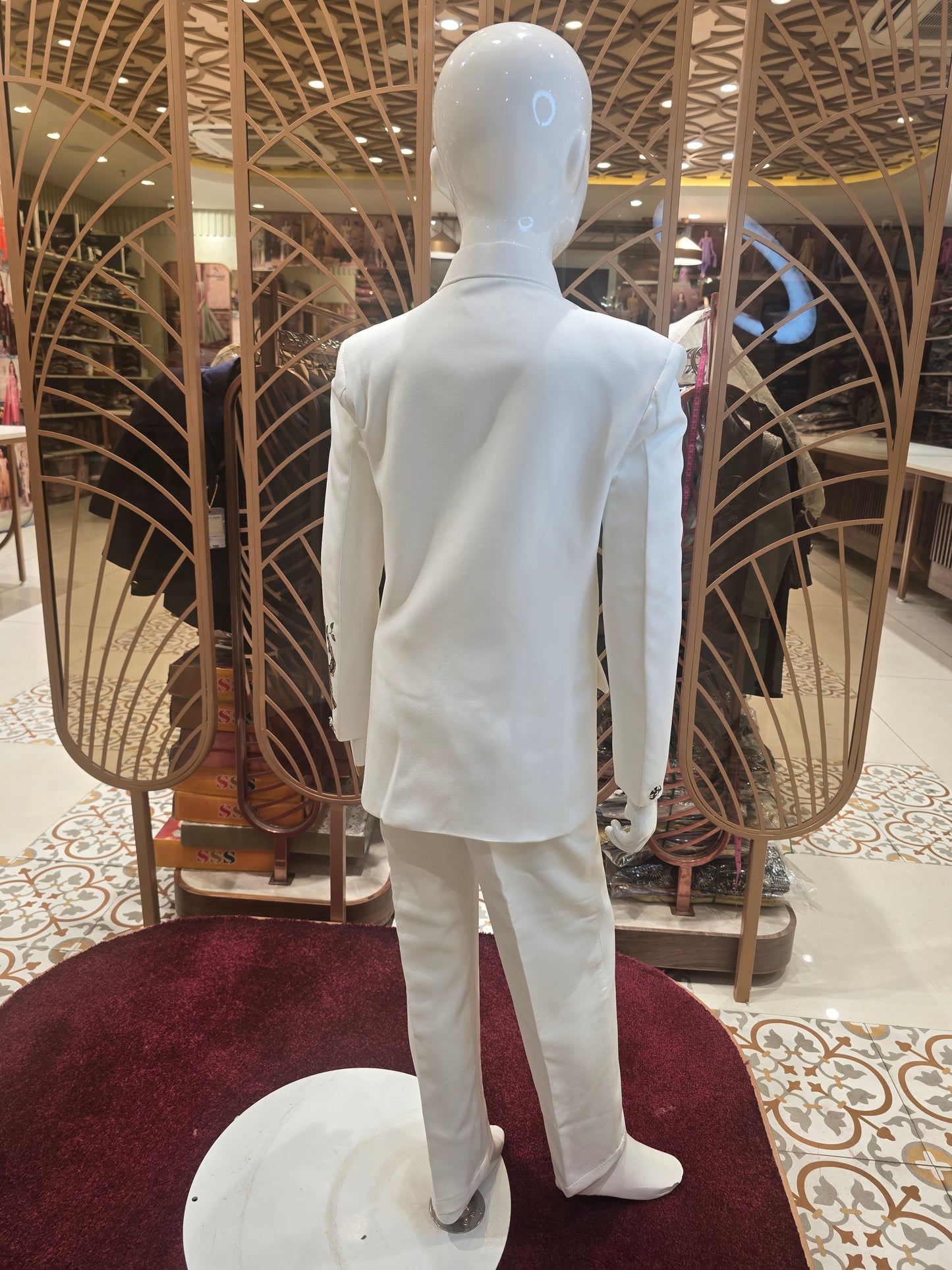 Pure White Satin Crepe Prince Suit with Peacock Rubber Prints, Brauch & Pocket Block Design (Kids Indo-Western)