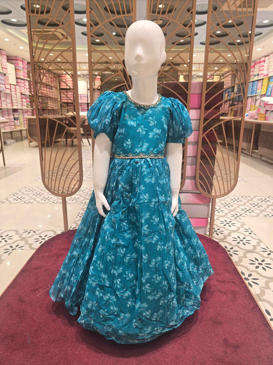 Girl Rama Green Printed Georgette Traditional Gown
