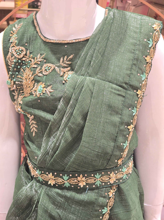 Crush tissue Material green colour ethnic ready to wear( 1min saree) with stone work detachable belt