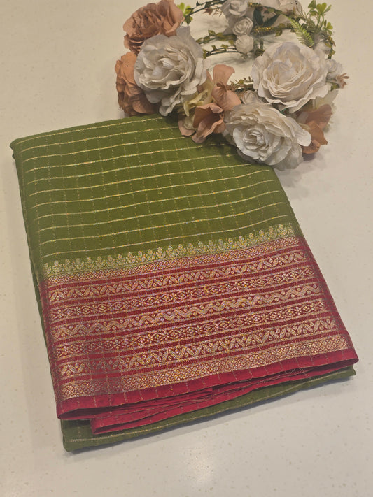 Semi Crepe Silk Saree with Checked Pattern, Rich Pallu & Traditional Border – Festive Wear Collection