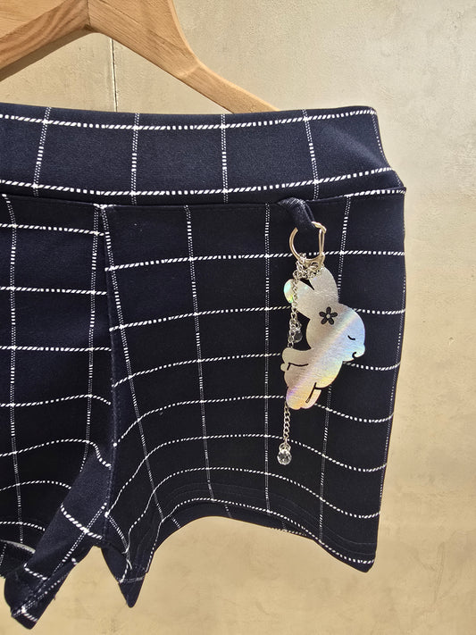 Girls Lycra Casual Wear Shorts in Dark Blue with Checked Pattern, Key Chain Detail and Elastic Waist for Summer Wear